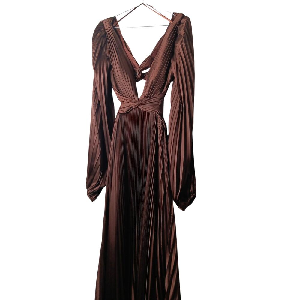 New with Tags Mac Duggal 26737 Brown Pleated Cutout Gown Long Sleeve Size 8 - Picture 6 of 16